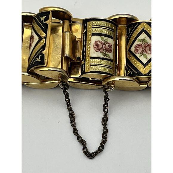 Vintage Damascene Link Bracelet Floral Pink Roses Black & Gold Tone Panels Chain - Picture 5 of 10
